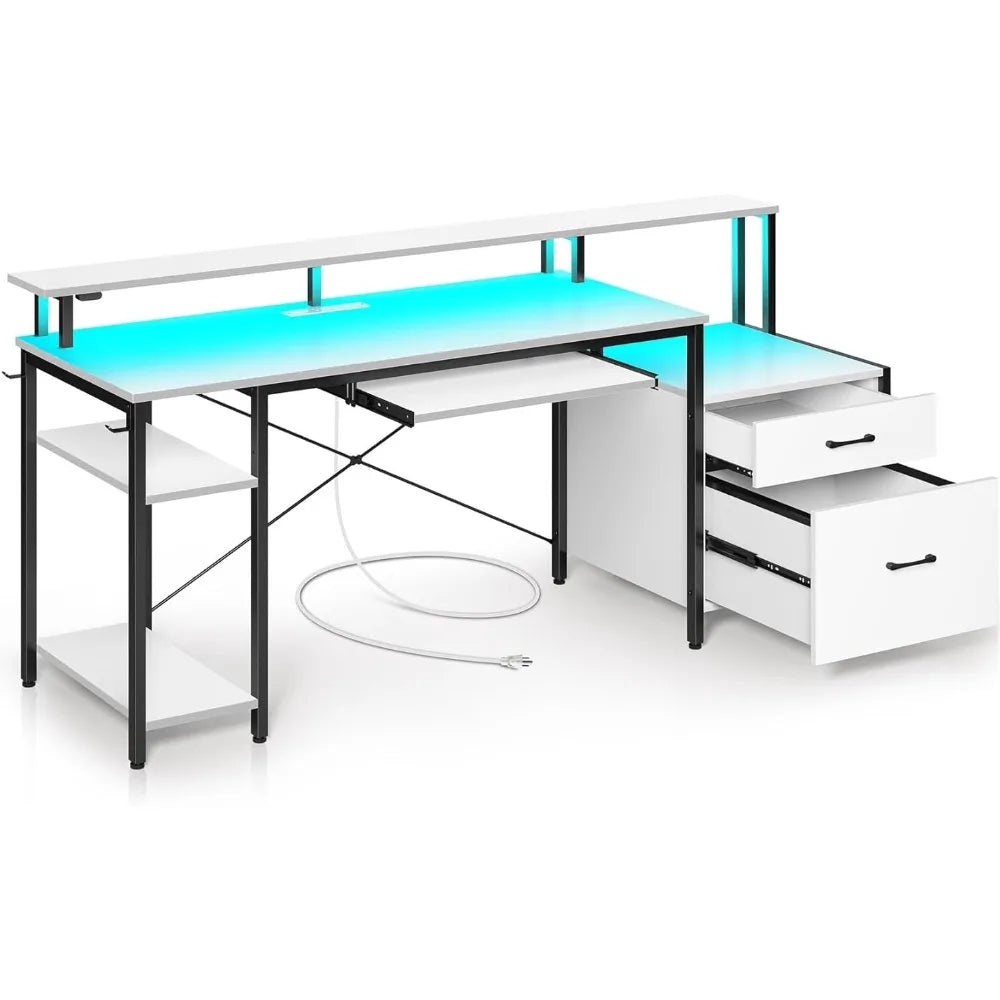 Computer Desk With LED Light & Power Outlets